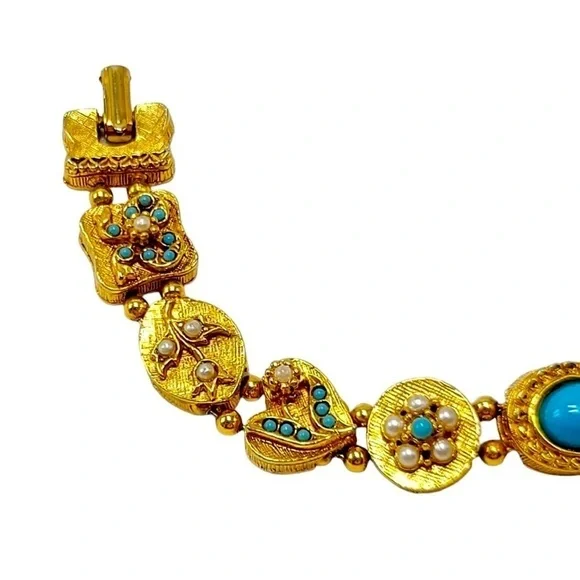 Vintage 60s Gold Tone Slide Carm Bracelet Faux Turquoise & Pearl Victorian - Picture 2 of 6